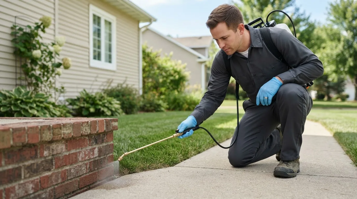 Pest control technician treating a home near Strang, OK
