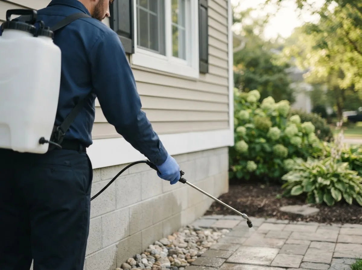 Pest control technician inspecting a home in Strang, OK
